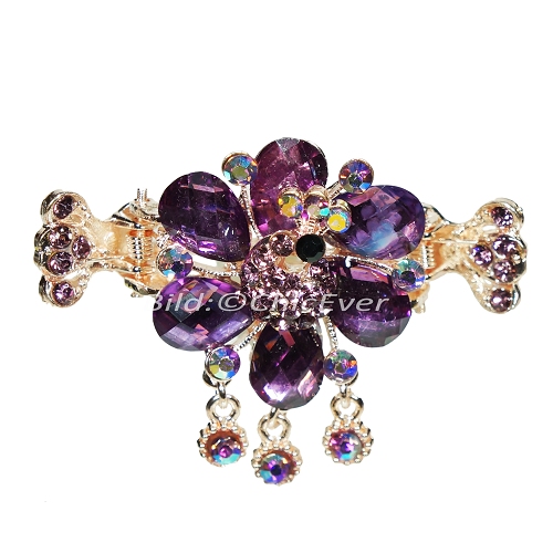 Haargreifer Blume&Pfau Haarspange Haarkneifer Haarklammer Metall & Strass lila violett gold 4961d - zum Schließen ins Bild klicken